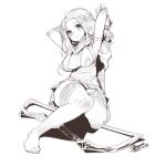  1girl ashe_(league_of_legends) blush breasts character_request dated dress ejami feet greyscale league_of_legends long_hair looking_at_viewer monochrome signature simple_background solo thighhighs weapon white_background 