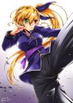  1girl bangs black_pants blonde_hair blue_shirt breasts chinese_clothes clenched_hand commentary dated eyebrows_visible_through_hair frown green_eyes heterochromia high_kick highres kicking large_breasts leg_up long_sleeves looking_to_the_side lyrical_nanoha mahou_shoujo_lyrical_nanoha_vivid pants parted_lips purple_sash red_eyes san-pon sash shirt side_ponytail solo standing standing_on_one_leg tangzhuang twitter_username vivio 