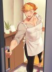  1boy apron bangs bara black_pants blonde_hair blush granblue_fantasy head_scarf higashigunkan large_pectorals maid male_cleavage male_focus muscular muscular_male opening_door pants pectorals penis short_hair sideburns smile solo translation_request undercut vane_(granblue_fantasy) white_apron 