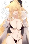  !? 1girl ? @_@ alternate_costume animal_ears arknights bikini black_bikini black_bow blemishine_(arknights) blonde_hair blush bow breasts cleavage cloak commentary confused cowboy_shot curvy embarrassed eyelashes eyes_visible_through_hair fur-trimmed_cloak fur_trim grey_cloak hair_between_eyes hair_bow highres horse_ears hq_(8quuu_) large_breasts long_hair looking_at_viewer navel open_cloak open_clothes open_mouth orange_eyes ponytail simple_background solo stomach strap_pull string_bikini swimsuit white_background 