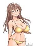  1girl ashigara_(kancolle) breasts brown_eyes brown_hair cleavage commentary_request cowboy_shot dated gold_bikini groin hairband kantai_collection large_breasts long_hair shiromaru_(maniado) simple_background solo twitter_username wavy_hair white_background white_hairband 