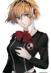  1girl aegis_(persona) android bangs black_shirt blonde_hair blue_eyes bow bowtie closed_mouth collared_shirt eyelashes gekkoukan_high_school_uniform hair_between_eyes hair_ornament hairband headphones highres joints lips long_sleeves looking_at_viewer persona persona_3 pertex_777 pink_lips red_bow red_neckwear robot robot_ears robot_joints school_uniform shirt short_hair simple_background solo uniform upper_body white_background 