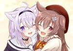  2girls :3 absurdres ahoge animal_collar animal_ear_fluff animal_ears bangs black_collar black_hairband blush bone_hair_ornament bow brown_hair buttons cartoon_bone cat_ears cat_girl cat_tail collar collarbone crossed_bangs dog_ears dog_girl dog_tail eyebrows_behind_hair face-to-face fang hair_between_eyes hair_ornament hairband hairclip highres hololive inugami_korone long_hair looking_at_viewer multiple_girls nekomata_okayu one_eye_closed open_mouth orange_eyes paw_ornament pipin_try portrait purple_eyes purple_hair red_bow sailor_collar school_uniform serafuku short_hair tail virtual_youtuber 