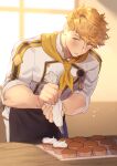  1boy ? alternate_costume apron backlighting baking bangs black_apron blonde_hair blush food food_on_face granblue_fantasy higashigunkan leaning_forward male_focus muffin short_hair sideburns sleeves_rolled_up solo spoken_question_mark undercut vane_(granblue_fantasy) waist_apron window 