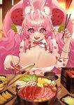  1girl ahoge animal_ear_fluff animal_ears breasts cao_hong_anh cleavage drooling food food-themed_hair_ornament fox_ears fox_girl hair_ornament indie_virtual_youtuber kireina_(osiimi) large_breasts nail_polish open_mouth pink_eyes pink_hair second-party_source solo strawberry_hair_ornament tongue tongue_out 