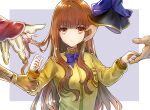  1girl archer_(fate) blue_bow border bow bowtie brown_eyes brown_hair chakku_kanda closed_mouth eyebrows_visible_through_hair fate/extella fate/extra fate_(series) gilgamesh_(fate) grey_background kishinami_hakuno_(female) long_hair looking_at_viewer nero_claudius_(fate) nero_claudius_(fate)_(all) school_uniform shirt solo_focus tamamo_(fate)_(all) tamamo_no_mae_(fate) tsukumihara_academy_uniform_(fate/extra) white_border wrist_grab yellow_shirt 