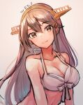 1girl artist_name bikini bikini_top black_hair breasts brown_eyes cleavage commentary_request gradient gradient_background grey_background hairband haruna_(kancolle) highres kantai_collection large_breasts long_hair looking_at_viewer smile solo swimsuit upper_body white_bikini wss_(nicoseiga19993411) 