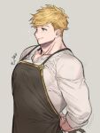  1boy absurdres apron bangs bara black_apron blonde_hair blush from_side granblue_fantasy highres large_pectorals looking_to_the_side male_focus migi_(mm86262394) muscular muscular_male pectorals penis short_hair smile solo translation_request undercut upper_body vane_(granblue_fantasy) 