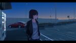  1girl album_cover black_hair blue_eyes bob_cut car cover dawn ground_vehicle hands_in_pockets highres jacket mazda_rx-7 motor_vehicle original outdoors parking_lot profile rudeko32 scenery short_hair solo vending_machine 