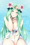  1girl arm_between_legs blush breasts cleavage dress eyebrows_visible_through_hair fire_emblem fire_emblem:_three_houses flower green_eyes green_hair hair_flower hair_ornament jewelry large_breasts lindaroze long_hair looking_at_viewer necklace panties rhea_(fire_emblem) solo underwear white_dress white_panties 