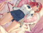  aqua_eyes barefoot bed blush bow miazi original red_hair school_uniform shirt short_hair skirt 