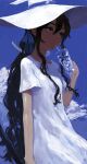  1girl absurdres black_hair blue_ribbon blue_sky cloud cloudy_sky cup dress drinking hair_ribbon hat highres holding holding_cup ice ice_cube lead_white_(tsurunoka) long_hair original red_eyes ribbon shadow short_sleeves sky solo tsumetai_(tsurunoka) upper_body very_long_hair white_dress white_headwear witch_hat 