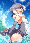  1girl :3 animal_ears bare_shoulders blush brown_eyes cowboy_shot elbow_gloves eyebrows_visible_through_hair fingerless_gloves from_behind fur_collar gloves grey_gloves grey_hair grey_legwear grey_swimsuit highres kamuraaa_615 kemono_friends looking_at_viewer multicolored_hair one-piece_swimsuit one_eye_closed open_mouth otter_ears otter_girl otter_tail short_hair sleeveless small-clawed_otter_(kemono_friends) solo splashing swimsuit tail thighhighs two-tone_hair water white_fur white_hair zettai_ryouiki 