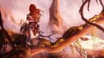  1girl aloy_(horizon) bird bow_(weapon) capelet english_commentary frills full_body fur_trim holding holding_bow_(weapon) holding_weapon horizon_zero_dawn kalasketch landscape long_hair mecha mechanical_animal moss mountain one_knee plant quiver red_hair solo_focus tallneck_(horizon) tribal vambraces vines weapon 
