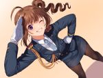  1girl ahoge bangs black_legwear blue_neckwear brown_hair buttons collared_shirt commentary_request drill_hair eyebrows_visible_through_hair feet_out_of_frame gloves grin hand_on_hip idolmaster idolmaster_million_live! idolmaster_million_live!_theater_days kamille_(vcx68) looking_at_viewer medium_hair miniskirt necktie one_eye_closed orange_background pantyhose police police_uniform policewoman purple_eyes salute shirt skirt smile solo standing uniform white_gloves white_shirt yokoyama_nao 