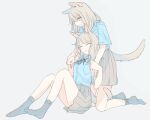  2girls animal_ears black_ribbon blue_shirt cat_ears cat_girl cat_tail closed_eyes collared_shirt commentary_request eyebrows_visible_through_hair full_body grey_background grey_eyes grey_hair grey_legwear grey_skirt hands_on_another&#039;s_wrists kneeling looking_at_another medium_hair multiple_girls neck_ribbon nekoya_saki open_mouth original pleated_skirt ribbon school_uniform shirt shirt_tucked_in short_sleeves simple_background sitting skirt smile socks tail tail_grab tail_hold yuri 