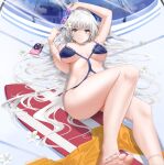  1girl :&gt; ass azur_lane barefoot bikini blue_bikini blue_nails bracelet breasts breasts_apart closed_mouth eyewear_removed grey_eyes highres holding holding_eyewear jewelry large_breasts looking_at_viewer lying navel on_back qing_wu silver_hair smile solo stomach sunglasses swimsuit toenail_polish vittorio_veneto_(azur_lane) vittorio_veneto_(the_flower_of_la_spezia)_(azur_lane) 