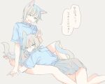  2girls animal_ears arm_support bangs bare_legs blue_eyes blue_shirt cat_ears cat_girl cat_tail collared_shirt commentary_request eyebrows_visible_through_hair fang grey_background grey_hair grey_skirt hand_on_another&#039;s_ear head_on_another&#039;s_stomach holding_another&#039;s_tail looking_at_viewer lying_on_person multiple_girls nekoya_saki on_ground on_lap open_mouth original pleated_skirt school_uniform shirt short_hair short_sleeves simple_background sitting skirt speech_bubble tail translation_request yuri 