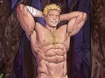  1boy abs alternate_pectoral_size armpit_hair armpits bandaged_arm bandages bara blake_alexander blonde_hair blush boruto:_naruto_next_generations chest_hair completely_nude facial_mark groin highres large_pectorals male_focus male_pubic_hair mature_male muscular muscular_male naruto_(series) navel nipples nude out-of-frame_censoring pectorals pubic_hair reward_available short_hair solo stomach upper_body uzumaki_naruto whisker_markings 