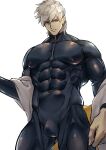  abs absurdres bara beniazumaru black_bodysuit bodysuit bulge fate/grand_order fate_(series) grey_hair highres male_focus muscular muscular_male pectorals percival_(fate) simple_background skin_tight solo thick_thighs thighs white_background white_eyes 