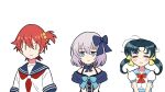  3boys black_hair bow crossdressing dress ernesti_echevalier gridman_universe hair_bobbles hair_bow hair_ornament hibiki_yuuta highres knight&#039;s_&amp;_magic kudan_(kudan4429) messy_hair multiple_boys otoko_no_ko red_hair sailor_collar school_uniform silver_hair ssss.gridman super_robot_wars super_robot_wars_30 tomonaga_yuuta trait_connection twintails white_background yuusha_keisatsu_j-decker yuusha_series |_| 