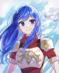  1girl armor bangs blue_eyes blue_hair blush caeda_(fire_emblem) cloud commentary_request eyebrows_visible_through_hair fire_emblem fire_emblem:_mystery_of_the_emblem floating_hair hair_behind_ear long_hair moch_ka_game red_scarf red_shirt scarf shirt sky smile solo upper_body 