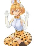  1girl absurdres animal_ear_fluff animal_ears bangs bare_shoulders blonde_hair bow bowtie breasts claw_pose elbow_gloves extra_ears fang gloves hands_up high-waist_skirt highres kemono_friends looking_at_viewer open_mouth print_bow print_legwear print_neckwear print_skirt serval_(kemono_friends) serval_print shirt shirt_tucked_in short_hair simple_background sitting skirt sleeveless sleeveless_shirt small_breasts solo tail thighhighs ur-8 wariza white_background white_shirt yellow_eyes zettai_ryouiki 