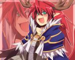  1boy alchemist_(ragnarok_online) antlers bangs blue_cape blush brown_coat cape coat commentary_request emon-yu eyebrows_visible_through_hair fang fur-trimmed_cape fur_trim green_eyes hair_between_eyes long_hair looking_at_viewer male_focus open_mouth pointy_ears ragnarok_online red_hair slit_pupils solo upper_body zoom_layer 