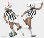  1girl animal_ears ball boku_no_hero_academia bunny_ears bunny_tail dark_skin grey_background highres italian_flag juventus_fc lulu-chan92 mirko multiple_views muscular muscular_female rabbit_girl shorts shorts_on_head shorts_removed soccer_ball soccer_uniform sportswear tail toned 