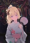  1girl blonde_hair fan fireworks hair_ornament hairclip hand_on_own_chest highres holding holding_fan hololive horns japanese_clothes kimono long_hair mochiyuki_(gigfor1) night obi purple_eyes sash sheep_horns tsunomaki_watame virtual_youtuber yukata 