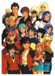  1980s_(style) 6+boys 6+girls amuro_ray aqua_hair arm_behind_head arm_hug arm_up black_eyes black_hair blonde_hair blue_eyes blue_hair bright_noa brown_hair char_aznable copyright_name eating elpeo_puru eyewear_on_head fa_yuiry four_murasame glemy_toto green_eyes gundam gundam_zz haman_karn hand_on_another&#039;s_shoulder hand_on_own_chin hand_to_own_mouth headpiece jacket jerid_messa judau_ashta kamille_bidan leina_ashta long_hair long_sleeves looking_at_viewer medium_hair multiple_boys multiple_girls official_art open_mouth orange_hair paptimus_scirocco parted_lips purple_hair quattro_vageena retro_artstyle sayla_mass short_hair short_sleeves smile sunglasses turtleneck uniform yazan_gable zeta_gundam 