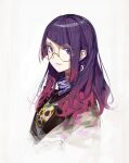  1girl asymmetrical_bangs bangs bespectacled blunt_bangs cropped_torso diagonal_bangs glasses gradient_hair highres idolmaster idolmaster_shiny_colors jacket light_smile looking_at_viewer looking_to_the_side multicolored_hair open_clothes open_jacket print_shirt purple_eyes purple_hair red_hair round_eyewear scarf shirt simple_background sketch solo tanaka_mamimi upper_body wavy_hair white_background yellow-framed_eyewear zhili_xingzou 