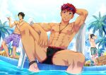  4boys absurdres black_hair blue_eyes bulge camp_buddy earrings eyewear_on_head green_hair highres jewelry lief_tealwood looking_at_viewer male_focus male_swimwear multiple_boys muscular muscular_male nipples orlando_knight pectorals pink_hair pool red_hair rex_(camp_buddy) smile spread_legs swim_briefs yumeno_chiaki zamius 