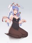  &gt;_&lt; 1girl absurdres animal_collar animal_ear_fluff animal_ears bangs bare_arms bare_shoulders black_leotard blue_hair bow braid breasts brown_legwear bunny-shaped_pupils bunny_ears carrot_hair_ornament cleavage collar collarbone commentary_request covered_navel creature creature_on_head ears_down english_commentary food-themed_hair_ornament full_body grey_background hair_between_eyes hair_bow hair_ornament highres holding holding_leash hololive jmao leash leotard long_hair looking_at_viewer multicolored_hair nousagi_(usada_pekora) open_mouth orange_eyes pantyhose playboy_bunny rabbit_girl red_collar seiza shadow short_eyebrows sidelocks simple_background sitting small_breasts strapless strapless_leotard tears thick_eyebrows twin_braids twintails two-tone_hair usada_pekora virtual_youtuber white_bow white_hair 