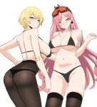  2girls ass back bare_shoulders bikini black_bikini blonde_hair blue_eyes blush breasts chela77 cowboy_shot earrings girls&#039;_frontline goggles goggles_on_head hair_ornament hairclip jewelry large_breasts long_hair looking_at_viewer mole mole_on_breast mole_under_eye multiple_girls navel pantyhose pink_hair short_hair sig_mcx_(girls&#039;_frontline) sketch swimsuit tattoo thighhighs very_long_hair vsk-94_(girls&#039;_frontline) white_background 