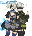  1boy 1girl :d alice_(sinoalice) alice_(sinoalice)_(cosplay) android asymmetrical_gloves asymmetrical_legwear bangs black_dress black_footwear black_shorts blindfold blue_gloves blue_legwear boots breasts cleavage cosplay crossover dress elbow_gloves fuyu_kotatsu gloves green_shirt headband long_sleeves nier_(series) nier_automata open_mouth pinocchio_(sinoalice) pinocchio_(sinoalice)_(cosplay) shirt short_hair short_sleeves shorts simple_background sinoalice smile thigh_boots thighhighs uneven_gloves uneven_legwear white_background white_hair yorha_no._2_type_b yorha_no._9_type_s 