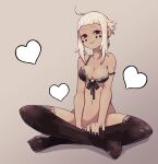 1girl ahoge bangs bare_arms black_bra black_eyes black_nails blunt_bangs bottomless bra brown_legwear closed_mouth earrings fingernails full_body grey_background heart highres indian_style jewelry lamb-oic029 looking_at_viewer navel original simple_background sitting smile solo strap_slip thighhighs underwear white_hair 