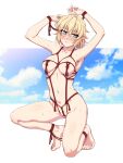  1girl areolae armpits arms_up bangs barefoot blonde_hair blue_sky blush breasts cloud commentary_request eyebrows_visible_through_hair full_body green_eyes hair_between_eyes highres labia looking_to_the_side medium_breasts mizuhashi_parsee nose_blush nude ootsuki_wataru pointy_ears shibari shiny shiny_hair shiny_skin short_hair sky solo squatting sweat tassel touhou white_background 