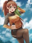  1girl alternate_costume blue_sky bottle brown_hair brown_shorts cloud cowboy_shot green_eyes green_towel highres honmakaina_kudou jacket kantai_collection kumano_(kancolle) legwear_under_shorts long_hair ponytail shorts sky smile solo track_jacket two-tone_jacket water_bottle 