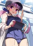  1girl baseball_cap blue_hair blue_ribbon blue_swimsuit braid breasts cameltoe colored_inner_hair covered_navel drill_hair game_console hair_ribbon handheld_game_console hat holding holding_handheld_game_console hololive joy-con large_breasts long_hair minato_aqua muku_(muku-coffee) multicolored_hair new_school_swimsuit nintendo_switch one-piece_swimsuit playing_games purple_eyes purple_hair ribbon school_swimsuit swimsuit twin_braids twin_drills twintails two-tone_hair unfinished virtual_youtuber 