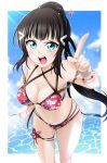  1girl angry beach bead_bracelet beads bikini black_hair border bracelet breasts cleavage collarbone cowboy_shot eyebrows_visible_through_hair floating_hair floral_print green_eyes hair_ornament hair_stick hairclip highres jewelry kirisaki_reina kurosawa_dia light_blush long_hair looking_at_viewer love_live! love_live!_sunshine!! medium_breasts mole mole_under_mouth multi-strapped_bikini open_mouth pointing pointing_at_viewer ponytail red_bikini ribbon scolding sidelocks skindentation solo swimsuit thigh_ribbon thigh_strap thighs upper_teeth v-shaped_eyebrows water water_drop wet white_border 