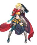  1girl amelia_(fire_emblem) armor bangs black_legwear blonde_hair blush breasts cape clenched_hand elbow_gloves fire_emblem fire_emblem:_the_sacred_stones fire_emblem_heroes full_body gauntlets gloves green_eyes hand_up highres looking_at_viewer medium_breasts midriff navel official_art open_mouth red_cape shiny shiny_hair short_hair shoulder_armor skirt smile solo standing stomach taroji thighhighs toeless_footwear toes transparent_background zettai_ryouiki 