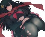  1girl bangs black_hair black_legwear black_serafuku blush breasts cherry_blossom_print commentary floral_print girls&#039;_frontline hair_ornament highres knees_together_feet_apart knees_up kojima_(blue_stardust) long_hair long_sleeves looking_at_viewer lying medium_breasts midriff_peek navel neckerchief on_back open_mouth pantyhose pleated_skirt red_eyes red_scarf sailor_collar scarf school_uniform serafuku skirt solo type_100_(girls&#039;_frontline) white_background 