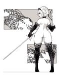  1girl ass closed_mouth detached_sleeves from_behind hairband holding holding_sword holding_weapon lamb-oic029 monochrome nude original profile short_hair solo standing sword thighhighs weapon 