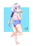  1girl absurdres ass barefoot beads blue_background blue_eyes blue_swimsuit bow casual_one-piece_swimsuit eating eyebrows_visible_through_hair feet food from_behind full_body hair_beads hair_bow hair_ornament highres ice_cream ice_cream_cone kanna_kamui kobayashi-san_chi_no_maidragon leg_up legs long_hair looking_back low_twintails one-piece_swimsuit pink_hair ribbon running simple_background soles solo swimsuit thighs toes tongue triagorodri twintails 