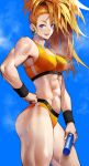  1girl abs absurdres bandaid bandaid_on_face bare_arms biceps blue_sky blush breasts captain_mizuki cloud day earrings hand_on_hip highres jewelry large_breasts looking_at_viewer midriff muscular muscular_female navel one-punch_man orange_hair purple_eyes relay_baton revision shoulders side_ponytail sky smile solo sweat teeth thighs yoshio_(55level) 