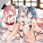  3girls :d ;d animal_ears bare_arms bare_shoulders black_bra black_choker black_panties blue_choker blue_eyes blue_hair bow bra braid breasts bunny_ears choker cleavage collarbone criss-cross_halter crop_top frilled_panties frills front-tie_bra front-tie_top fuyuse_rui garter_belt grin hair_bow hair_ornament halter_top halterneck hand_on_own_chest highres hoshizuki_lunna indie_virtual_youtuber knees_up large_breasts lingerie long_hair looking_at_viewer medium_breasts mole mole_under_eye multi-strapped_bra multicolored_hair multiple_girls no_pants one_eye_closed open_mouth panties pink_choker pink_eyes pink_hair purple_eyes red_bra red_panties ribbon_choker shirt short_sleeves side-tie_panties silver_hair sitting smile streaked_hair string_bra thick_thighs thighhighs thighs underwear underwear_only uzuki_tia very_long_hair virtual_youtuber wariza white_legwear white_shirt yon_(letter) 