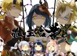  2boys 4girls animal_ears aqua_eyes ayaka_(genshin_impact) blush chibi closed_eyes genshin_impact green_eyes hair_ornament half-closed_eyes headband jacket japanese_clothes kimono kokomi_(genshin_impact) kujou_sara_(genshin_impact) mask multiple_boys multiple_girls neko8suko open_clothes pink_hair ponytail purple_eyes raiden_(genshin_impact) rivalry short_hair smile sweatdrop tengu_mask thoma_(genshin_impact) yellow_eyes 