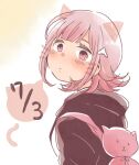  1girl alternate_hair_ornament animal_ears backpack bag bangs blush cat_day cat_ears commentary_request danganronpa_(series) danganronpa_2:_goodbye_despair dated fake_animal_ears fake_whiskers flipped_hair hair_ornament hairclip hood looking_at_viewer looking_to_the_side nanami_chiaki pink_bag pink_eyes pink_hair solo yuki_maru_(yukimaru_1) 