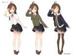  1girl :p ^_^ ahoge arm_up bangs black_jacket black_skirt blazer blush brown_eyes brown_footwear brown_hair brown_legwear cardigan closed_eyes closed_mouth collared_shirt coreytaiyo eyebrows_visible_through_hair green_cardigan hair_ornament hairclip highres hood hood_down hooded_jacket jacket loafers long_hair long_sleeves mole mole_under_eye multiple_views neck_ribbon open_clothes open_jacket original pleated_skirt red_ribbon ribbon school_uniform shirt shoes short_sleeves simple_background skirt sleeves_past_wrists smile socks thick_eyebrows thighhighs tongue tongue_out translation_request twitter_username white_background white_jacket white_legwear white_shirt zettai_ryouiki 
